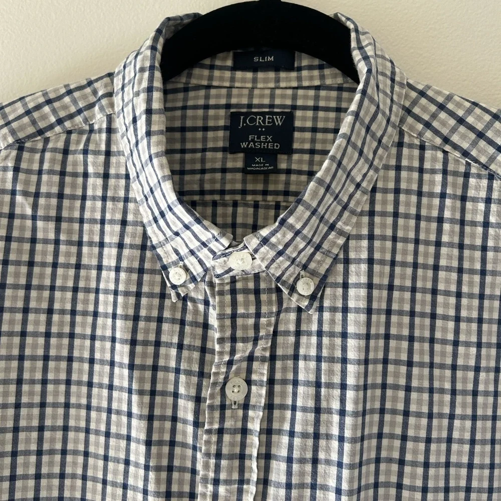 J. CREW Men's White and Blue Checkered Shirt